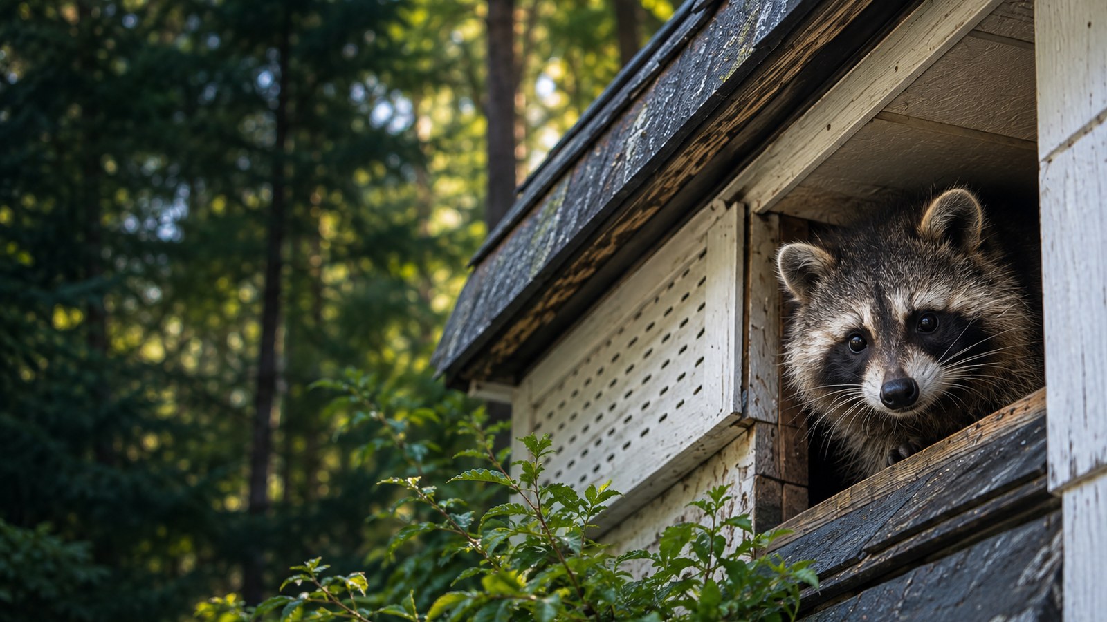 Raccoon peering from an opening in a Maine home's roofline